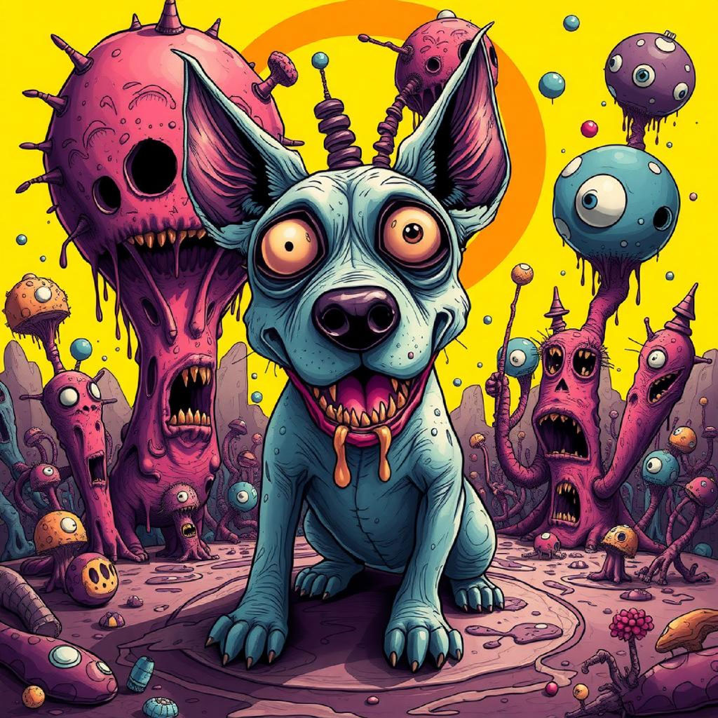 A fantastical landscape with various monstrous creatures and abstract structures.