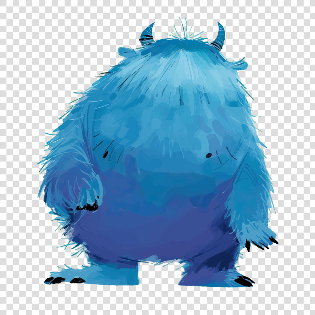 A cartoon blue monster with two horns and shaggy fur.