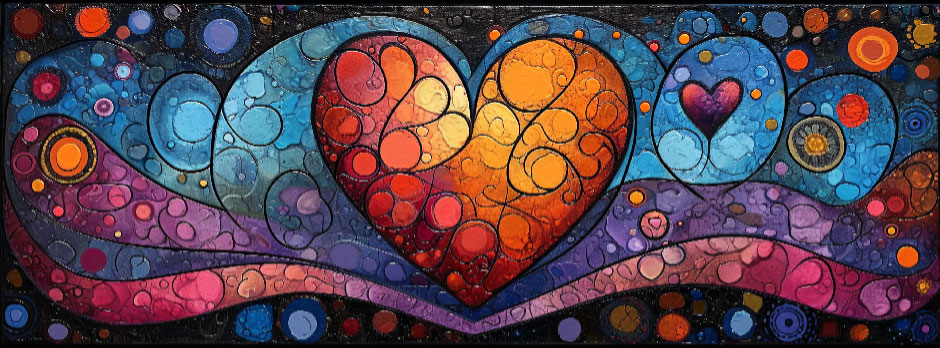 A digital artwork with multiple hearts of different colors and sizes