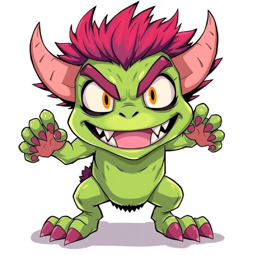 A green cartoon monster with pink hair and horns, standing on all fours with sharp teeth and claws.