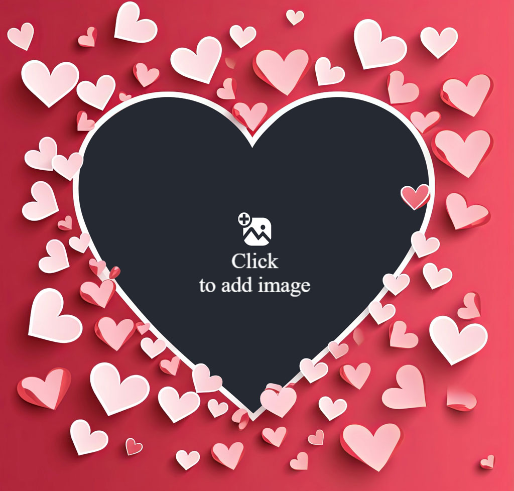 Large black heart surrounded by smaller pink hearts on a red background