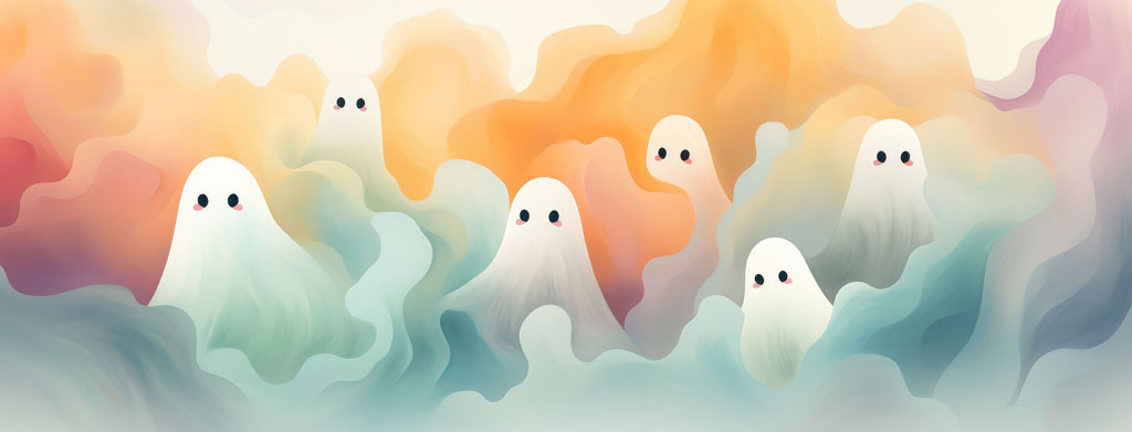 A group of ghostly figures with simple faces floating in a pastel-colored cloudy environment.