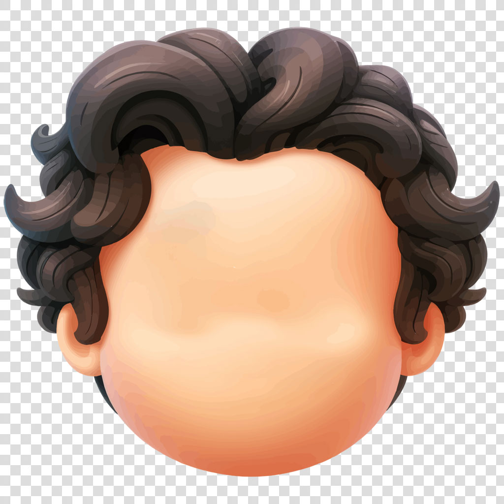 Cartoon character head with curly brown hair
