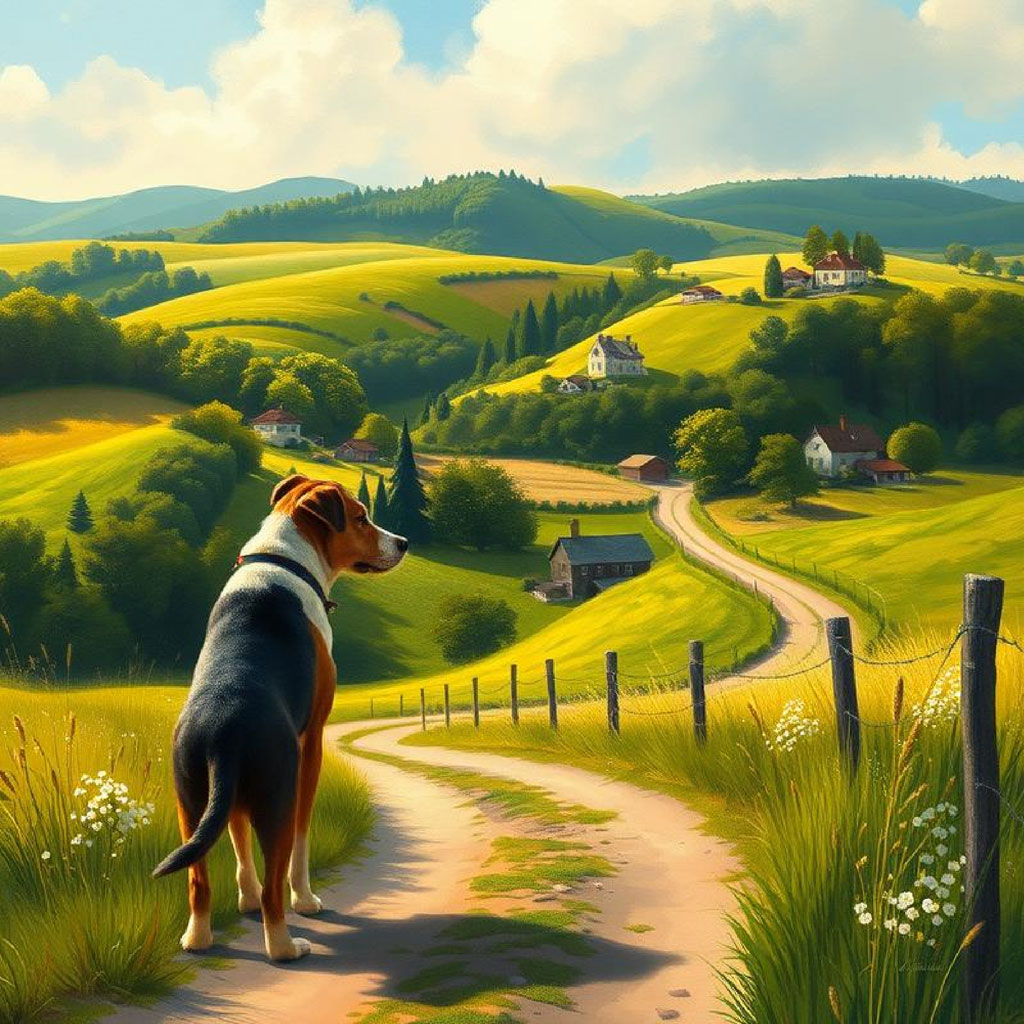 A dog looking down a dirt path in a green countryside with houses and trees