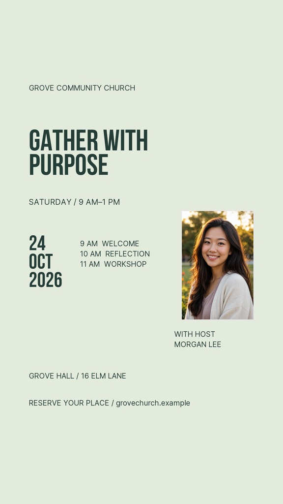 Portrait Instagram story template for a church event with a smiling woman photo and schedule details.