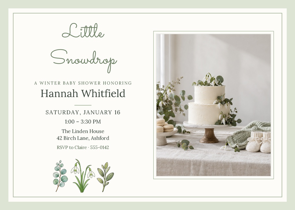 Winter baby shower invitation with botanical illustrations, cream background, and a framed cake photo