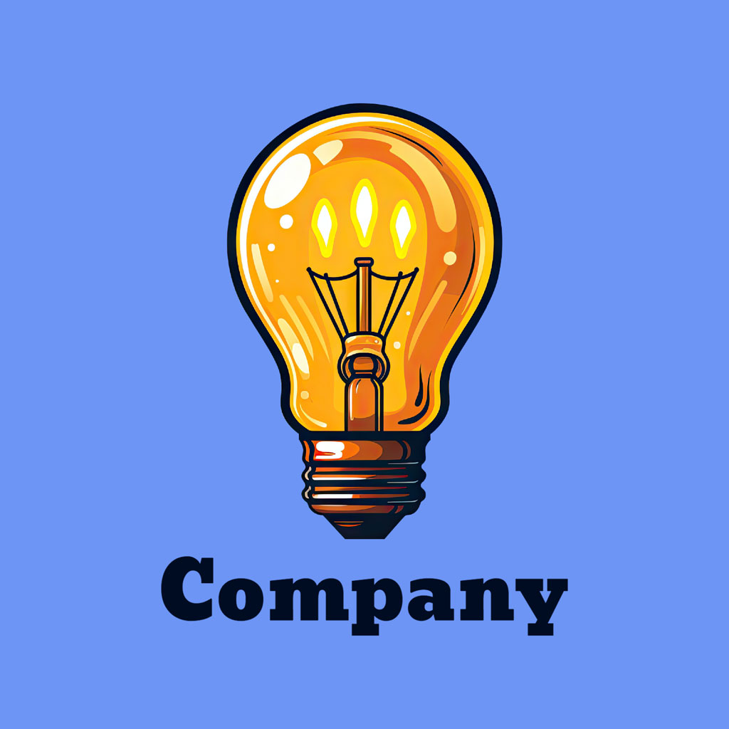 Company logo with a yellow lightbulb on a blue background