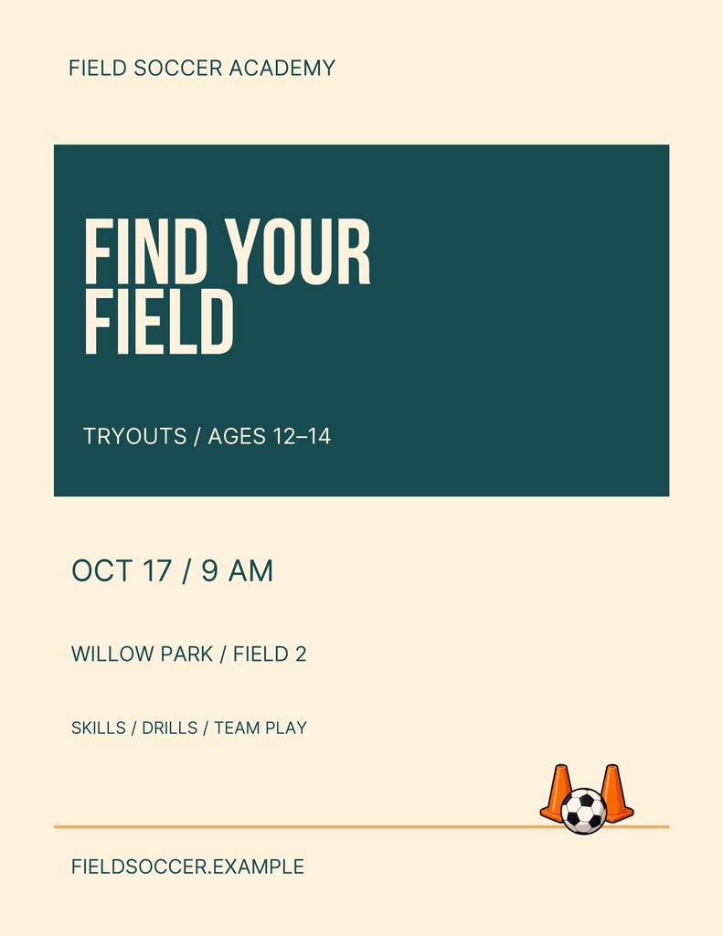 Portrait soccer tryouts flyer with teal text blocks and soccer cones icon.