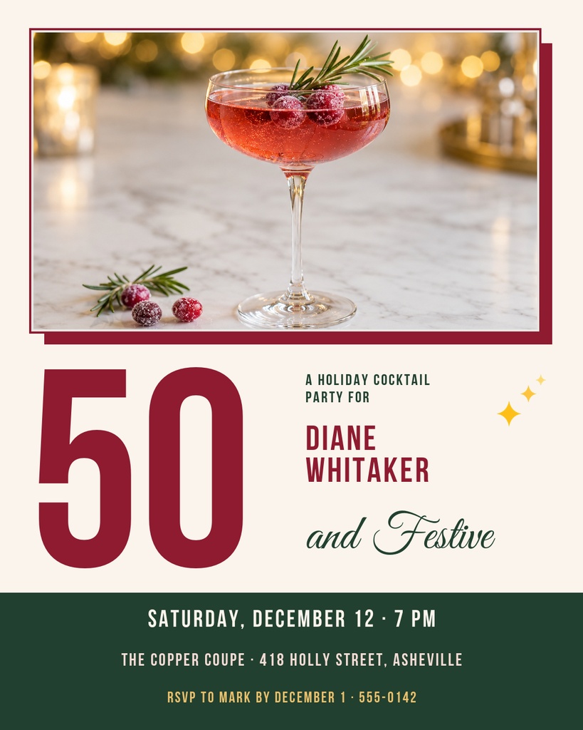 Portrait invitation with a large 50, champagne coupe cocktail, and festive birthday party details.