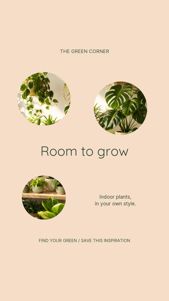 Beige Instagram Story template with circular indoor plant photos and the text Room to grow.