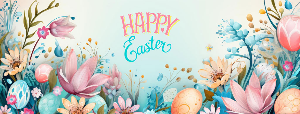 Happy Easter floral banner with pastel flowers and eggs