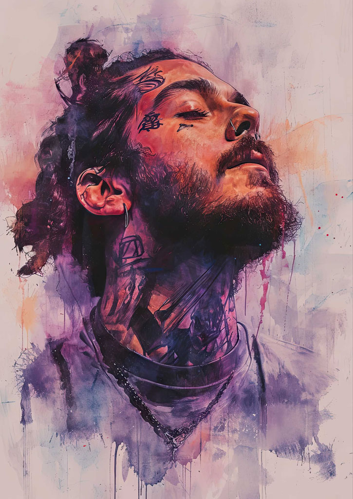 Watercolor portrait of XXXTENTACION with tattoos and dreadlocks