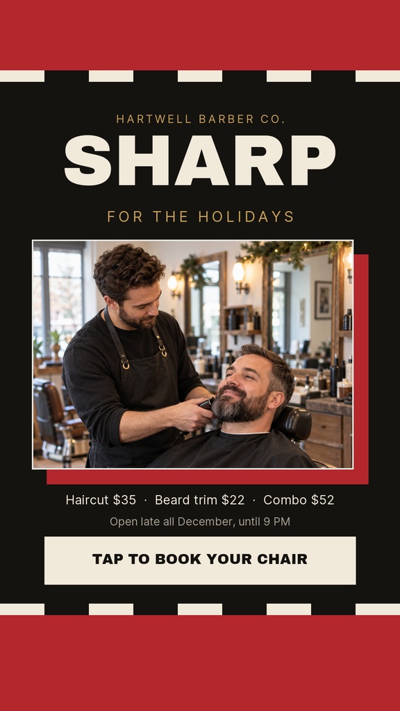 Barber trims a seated client in a barbershop with bold holiday promo text on a dark layout