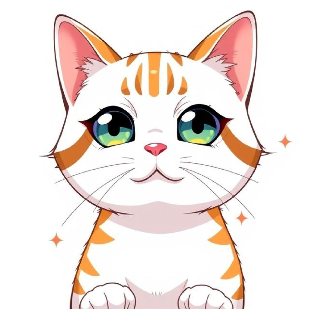 Illustration of a white cat with orange stripes and large green eyes