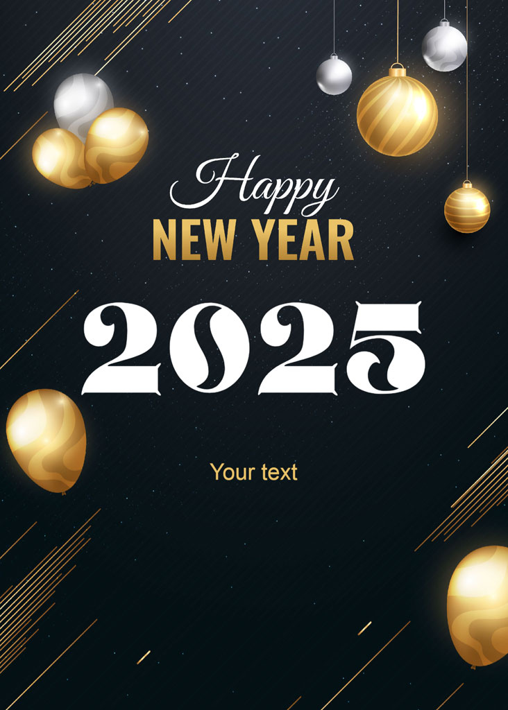 Happy New Year 2025 greeting card with gold and silver ornaments