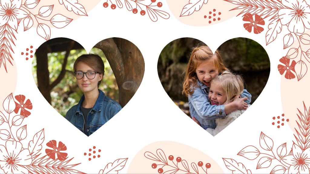 Two heart-shaped frames containing family photos, set against a white background with red floral patterns.