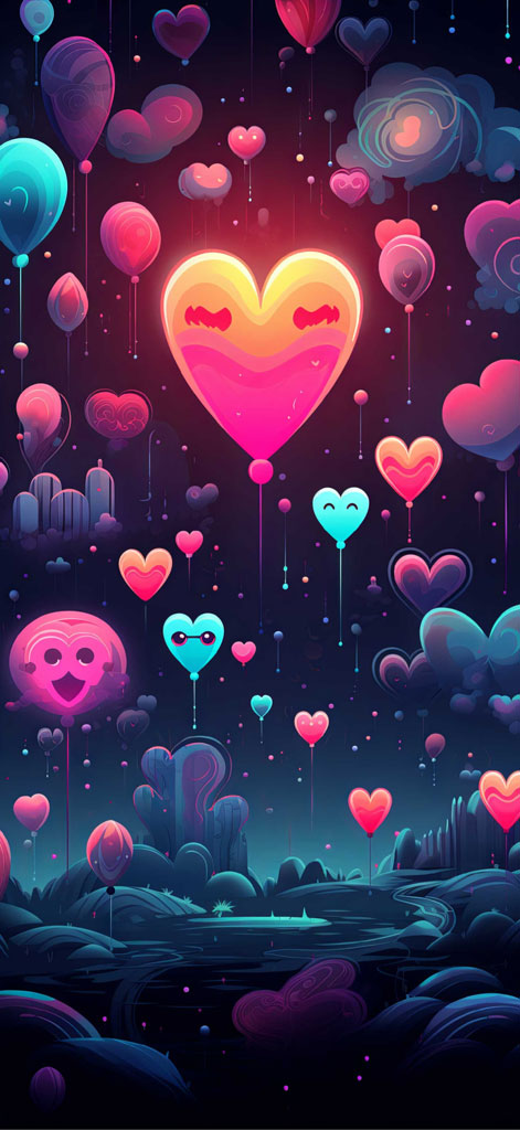 A colorful illustration of numerous heart shapes floating in a fantastical, dark landscape.
