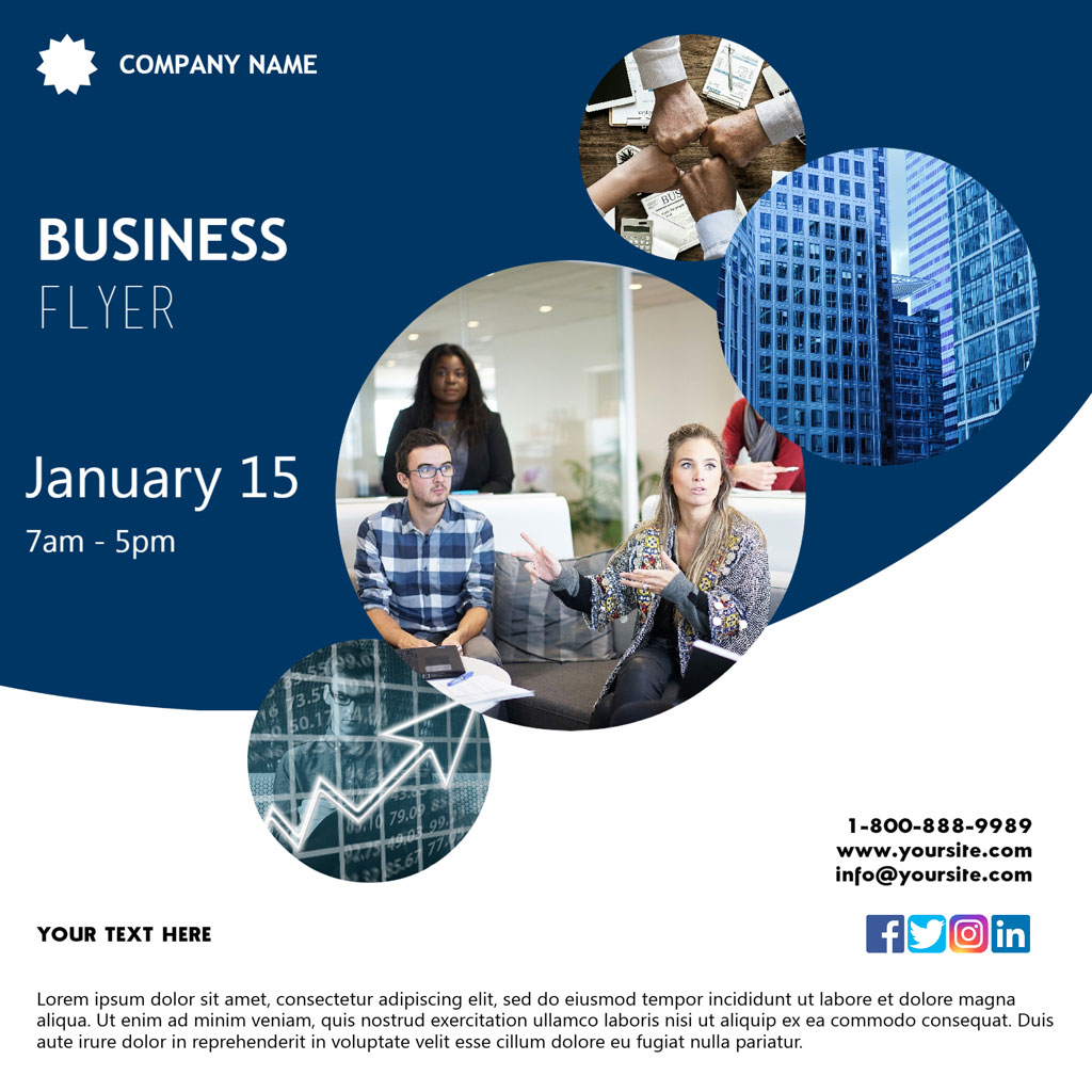Business flyer template with company event details and contact information