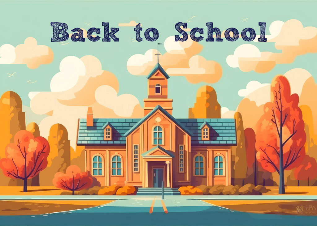 Illustration of a school building surrounded by autumn trees and a blue sky with clouds.