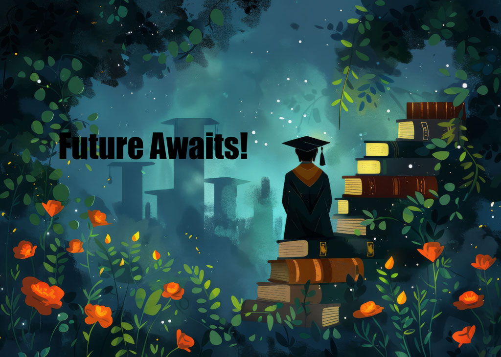 Graduate standing on books with cityscape in the background