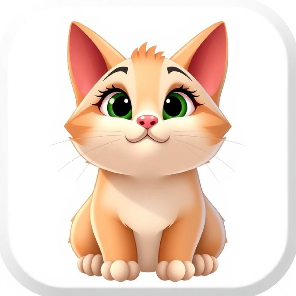 A cute cartoon cat with large green eyes and a pink nose