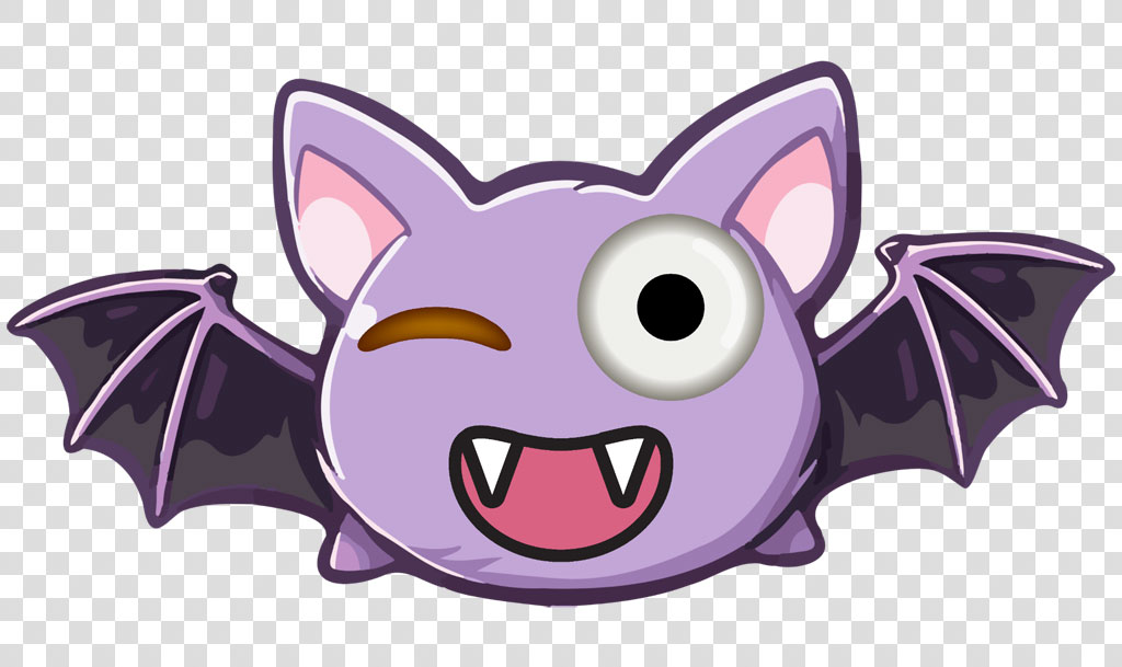 A cartoon illustration of a purple bat with one large eye winking, sharp teeth, and outstretched wings against a black background.