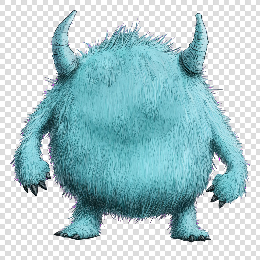 Illustration of a blue furry monster with horns and sharp claws