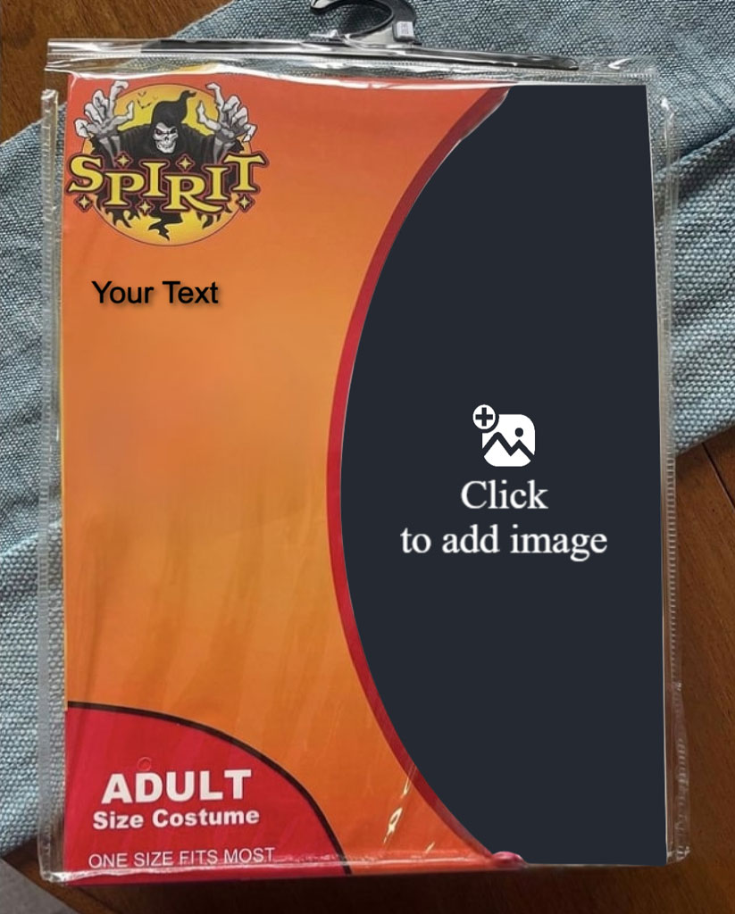 Sealed orange and black adult Halloween costume packaging with Spirit Halloween logo