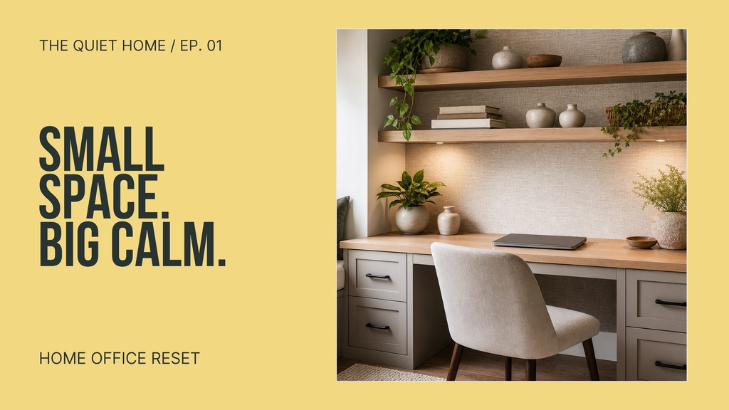 Yellow YouTube thumbnail layout with bold text and a cozy home office interior photo