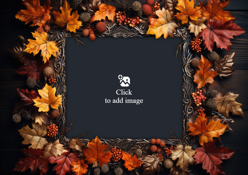Autumn leaves and berries frame on dark wood