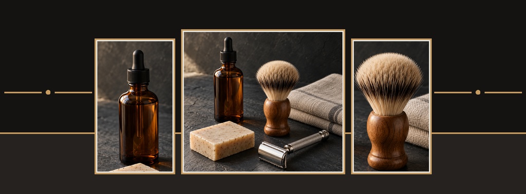 Father's Day grooming products arranged in three framed panels on a dark background.