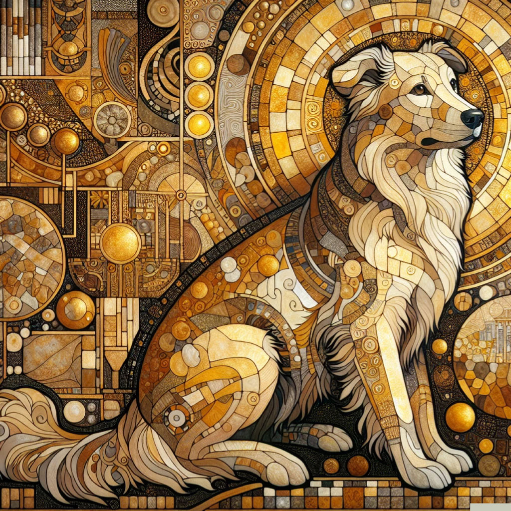 Colorful digital painting of a dog with brown, white, and black fur.