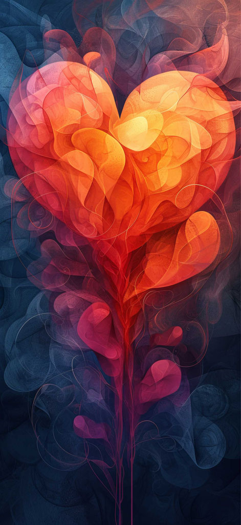 A heart shape made of layered, translucent, colored shapes against a dark background