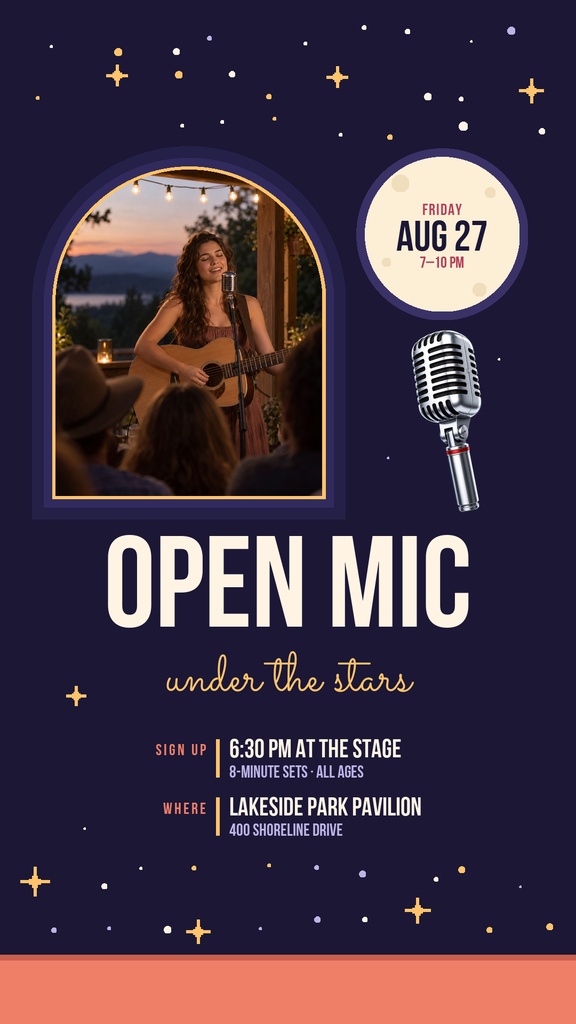 Portrait flyer with a singer, microphone, stars, and open mic event details on a dark background