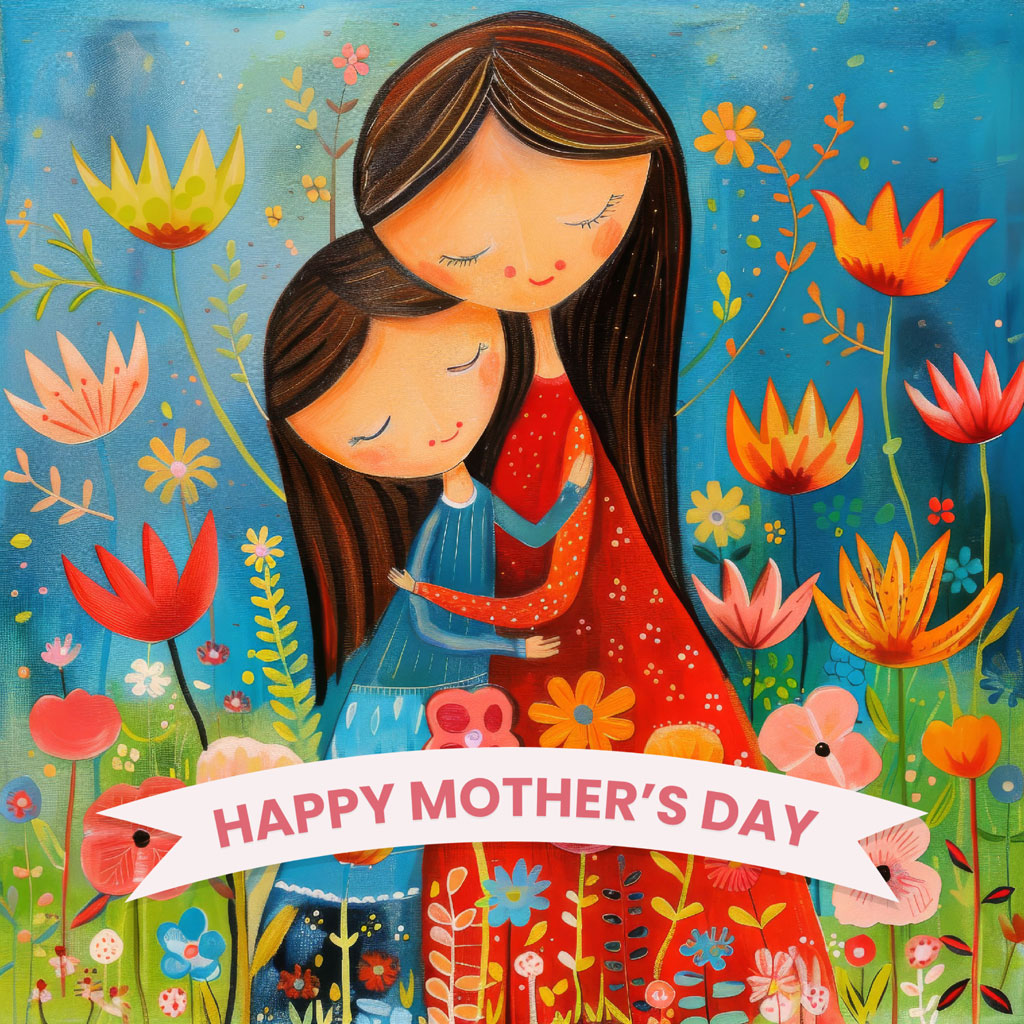 Mother and daughter hugging in a colorful flower field with a 'Happy Mother's Day' banner