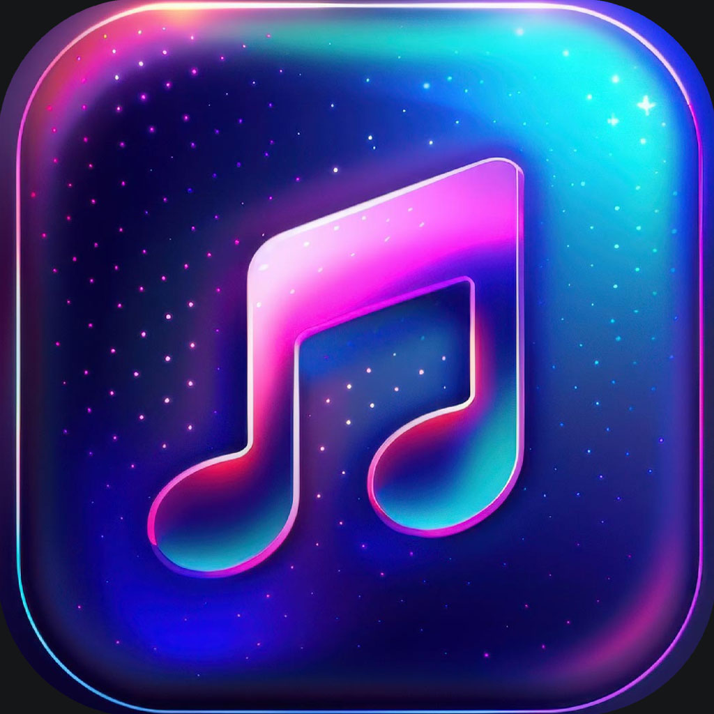 A vibrant music note icon against a starry background