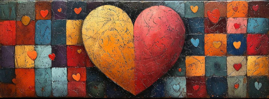 A large heart divided into yellow and red halves against a mosaic background with smaller hearts.