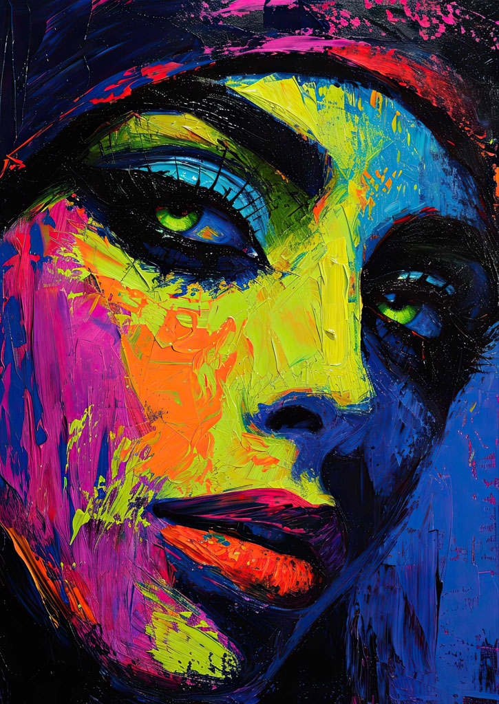 A close-up of a woman's face with green eyes, surrounded by vibrant colors and bold brushstrokes.