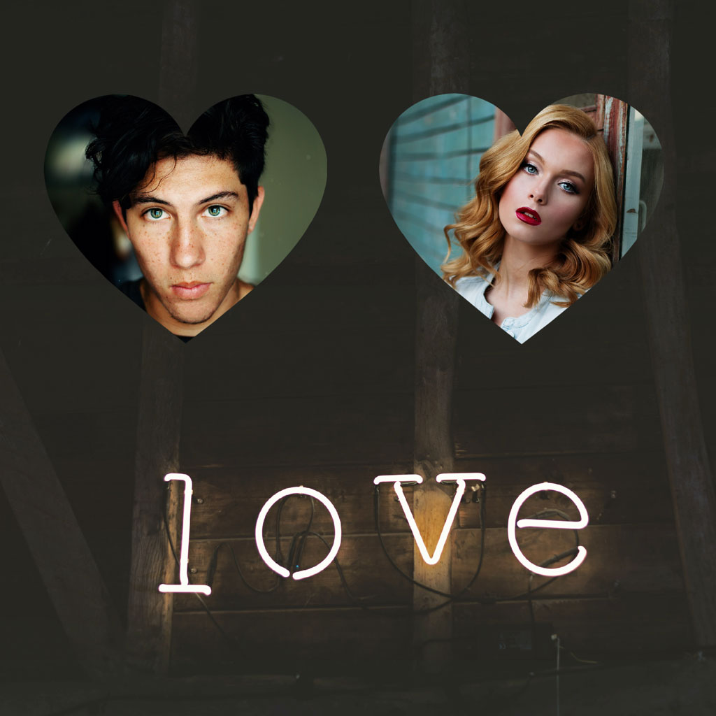 Neon love sign with heart-shaped portraits of a man and woman
