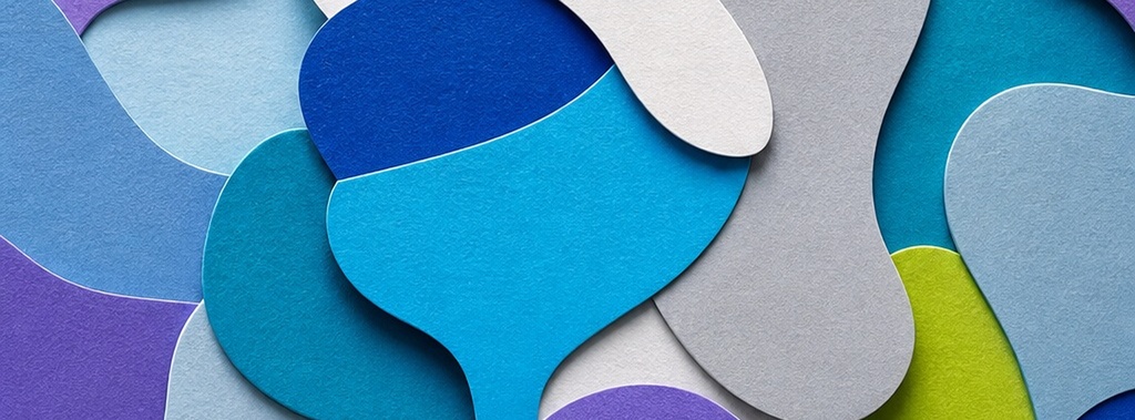 Layered abstract paper shapes in blue, white, gray, purple, and lime green