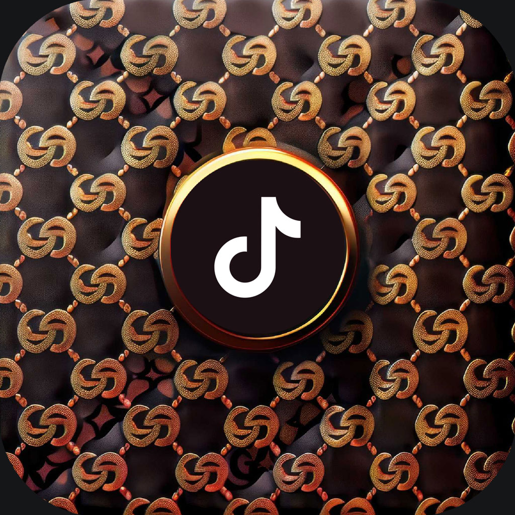 TikTok logo on a luxurious Gucci patterned background