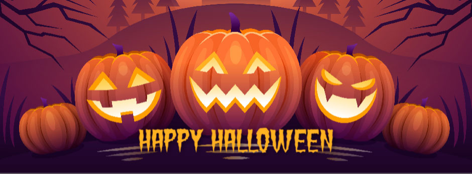 Three carved pumpkins with different faces and the text 'Happy Halloween' in front of a dark background.