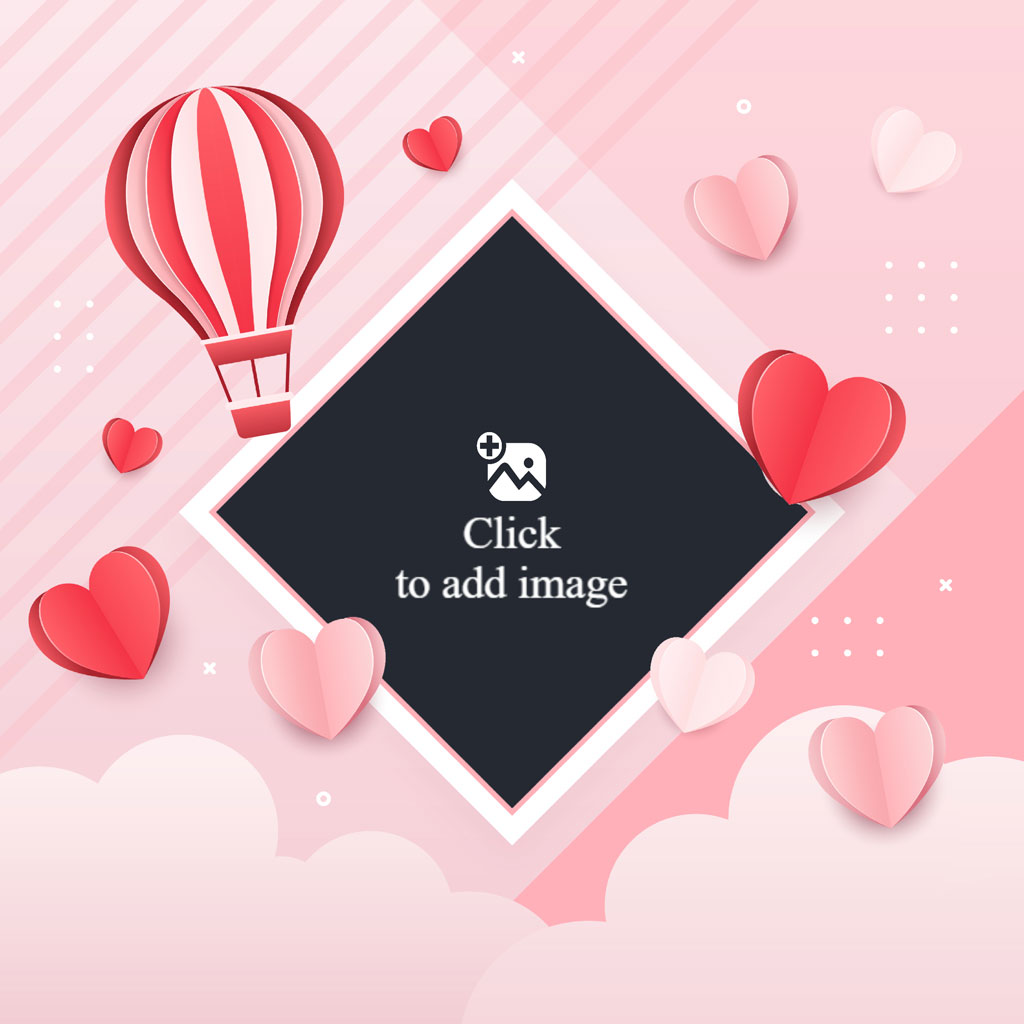 A digital frame with a pink background, surrounded by hearts and a red and white hot air balloon.