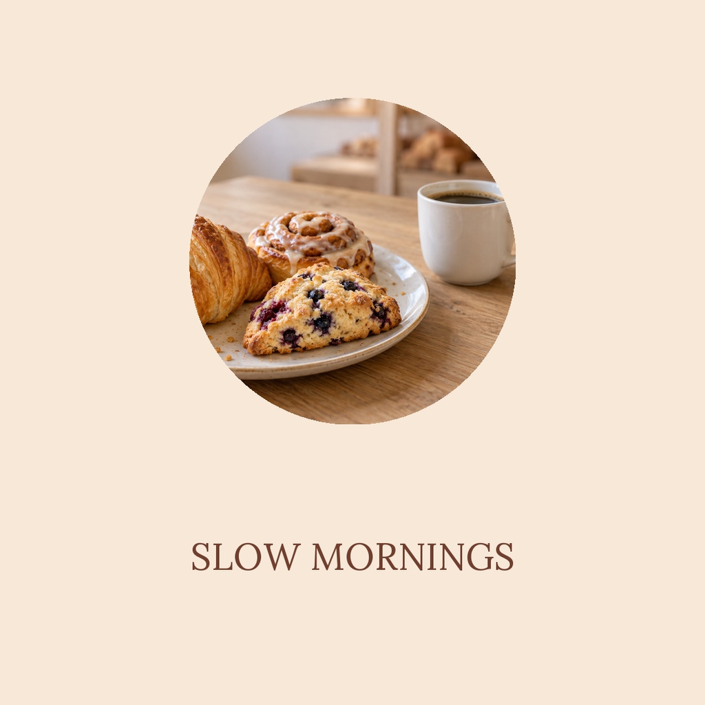 Beige highlight cover with a circular photo of pastries and coffee above the words Slow Mornings.