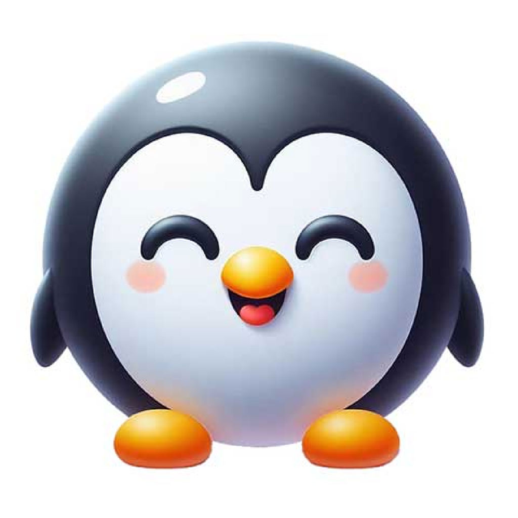 A cartoon penguin with a white belly, black back, and orange beak.
