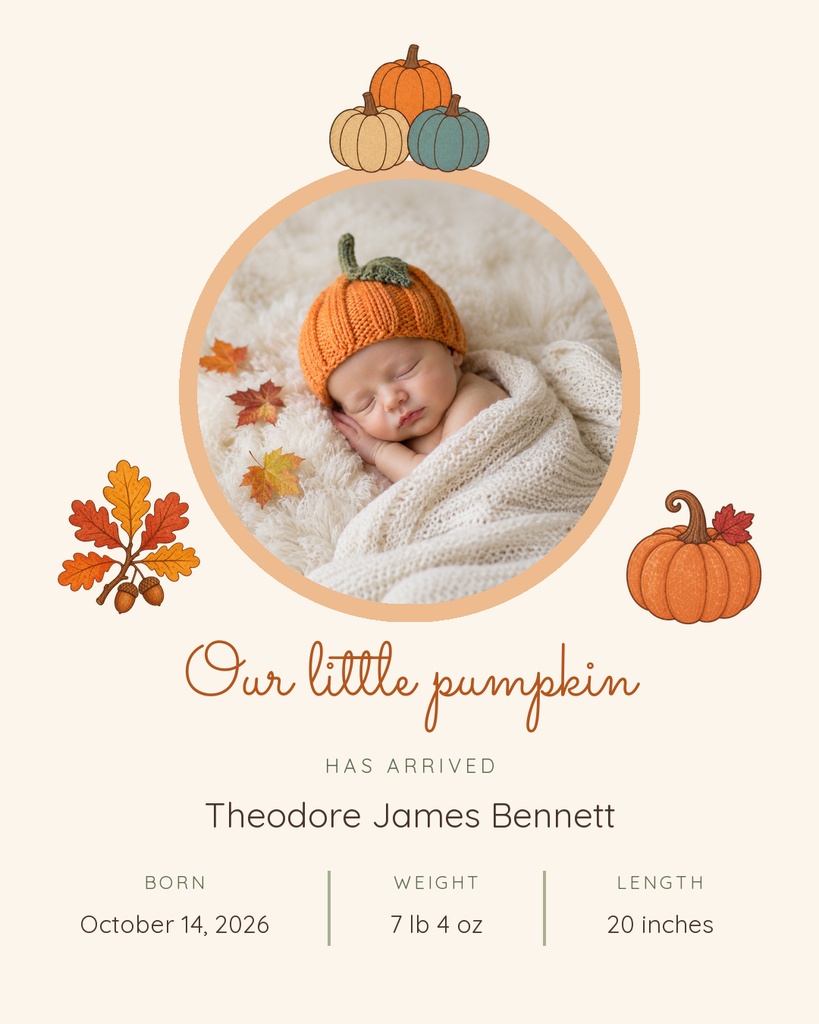 Preview for Our Little Pumpkin Has Arrived Portrait Post Template