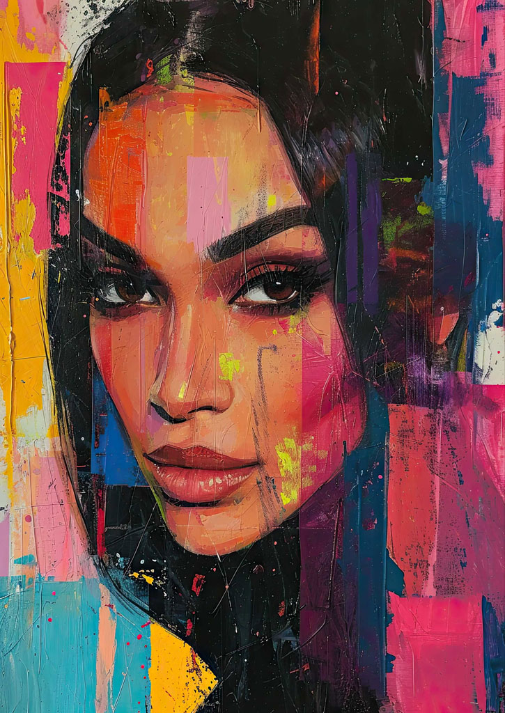 A close-up of a woman's face in a vibrant abstract art style
