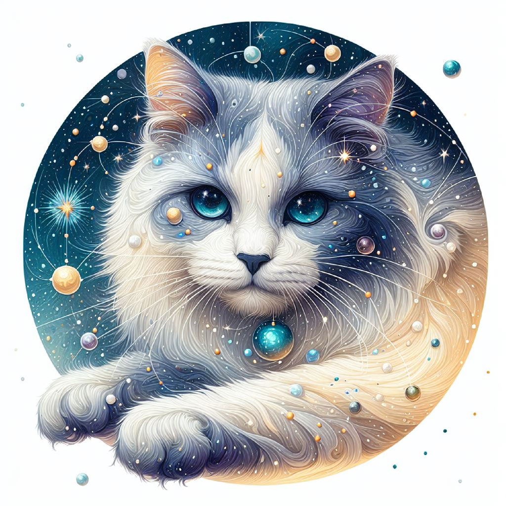 A mystical cat with blue eyes and intricate designs on a white background