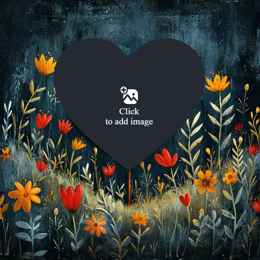 A large dark heart shape in a field of colorful flowers