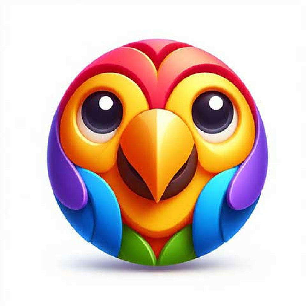 A 3D cartoon parrot with yellow body, green and blue wings, and a large black beak.